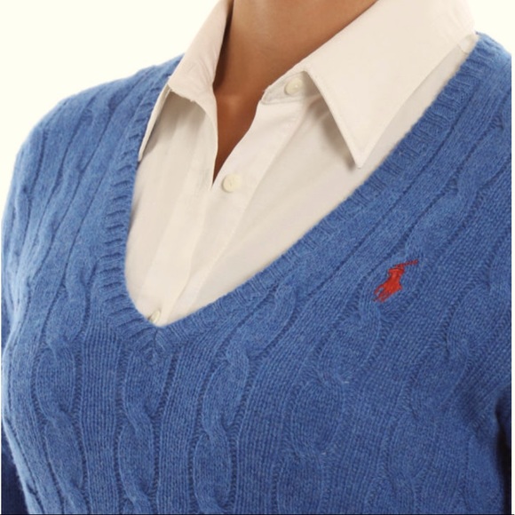 RALPH LAUREN Classic Preppy Blue Cable Knit V-Neck Sweater Pink Polo Pony XL NEW - Picture 6 of 12